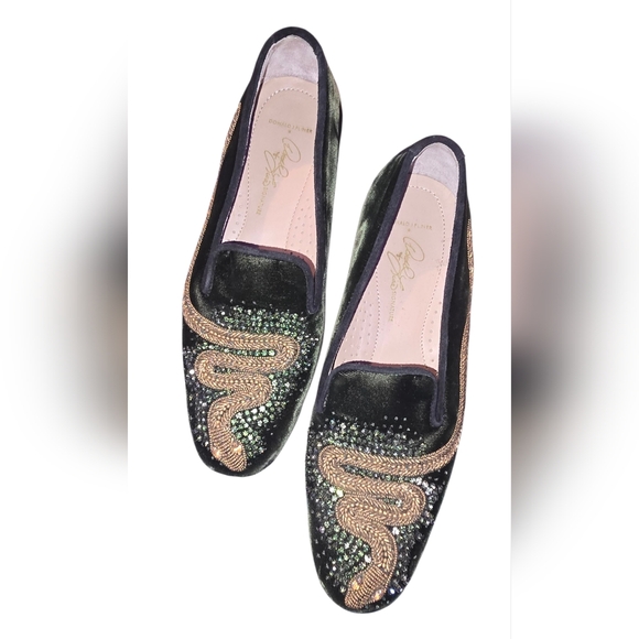 Donald And Lisa Signature Green Velevet Snake Loafers - Picture 9 of 12
